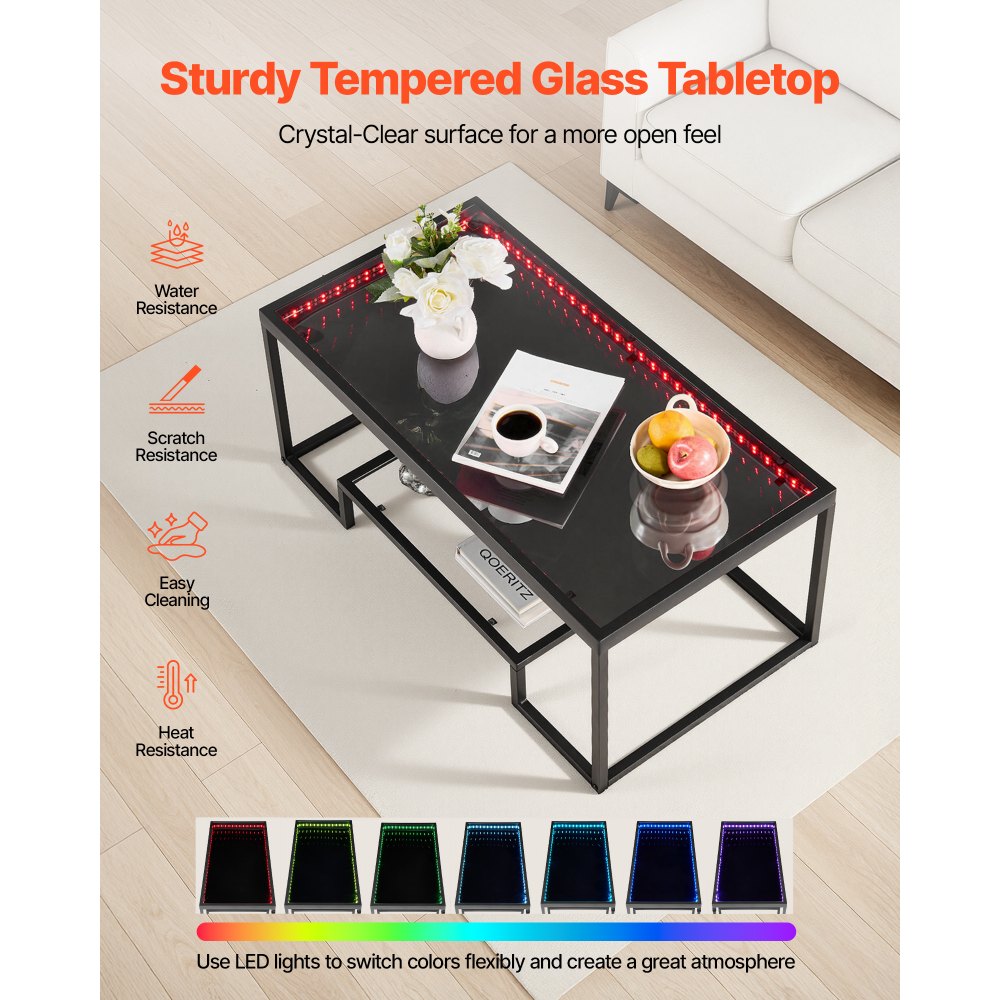 VEVOR Coffee Table, Modern Tempered Glass Coffee Table with Lighting, 2 Tiers Rectangle Glass Center Desk with Open Storage, Minimalist Metal Accent End Desk for Living Room, Office, Easy Assembly