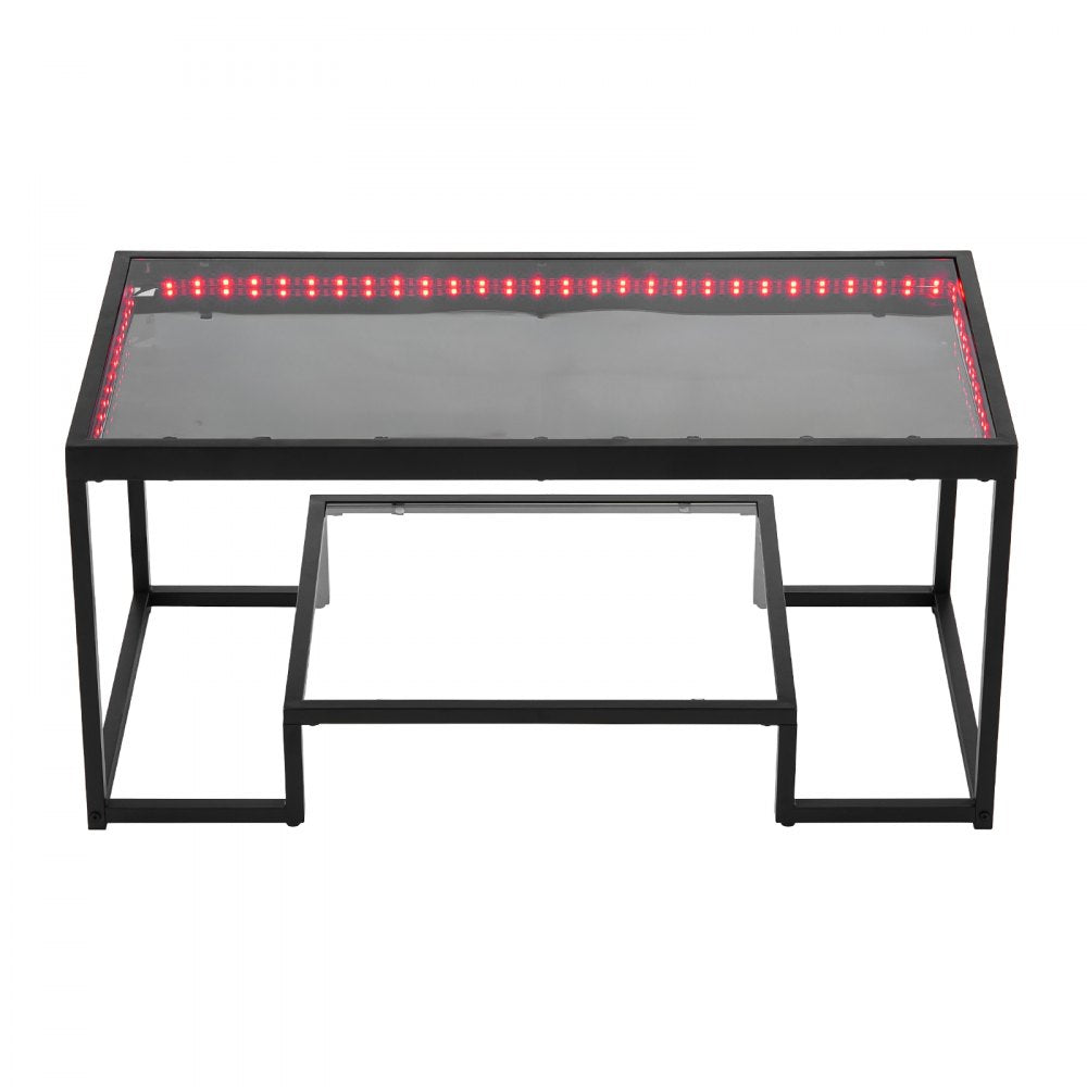VEVOR Coffee Table, Modern Tempered Glass Coffee Table with Lighting, 2 Tiers Rectangle Glass Center Desk with Open Storage, Minimalist Metal Accent End Desk for Living Room, Office, Easy Assembly