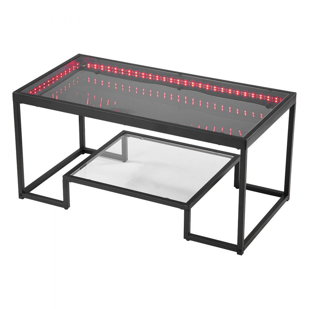 VEVOR Coffee Table, Modern Tempered Glass Coffee Table with Lighting, 2 Tiers Rectangle Glass Center Desk with Open Storage, Minimalist Metal Accent End Desk for Living Room, Office, Easy Assembly