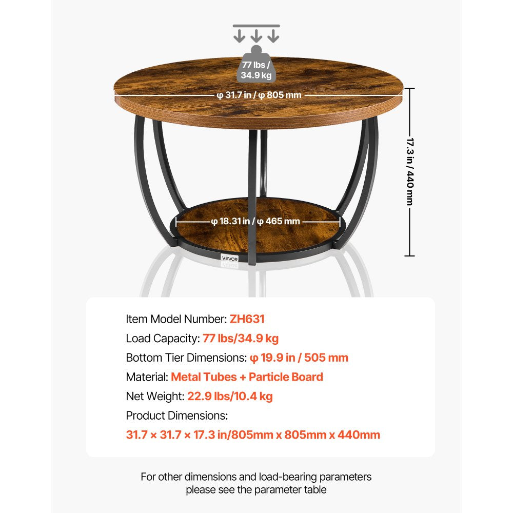 VEVOR Coffee Table, Modern Round Coffee Table, 2 Tiers Wooden Circle Center Desk with Open Storage, Minimalist Sturdy Metal Frame Accent End Desk for Living Room, Office, Easy Assembly, Rustic Brown