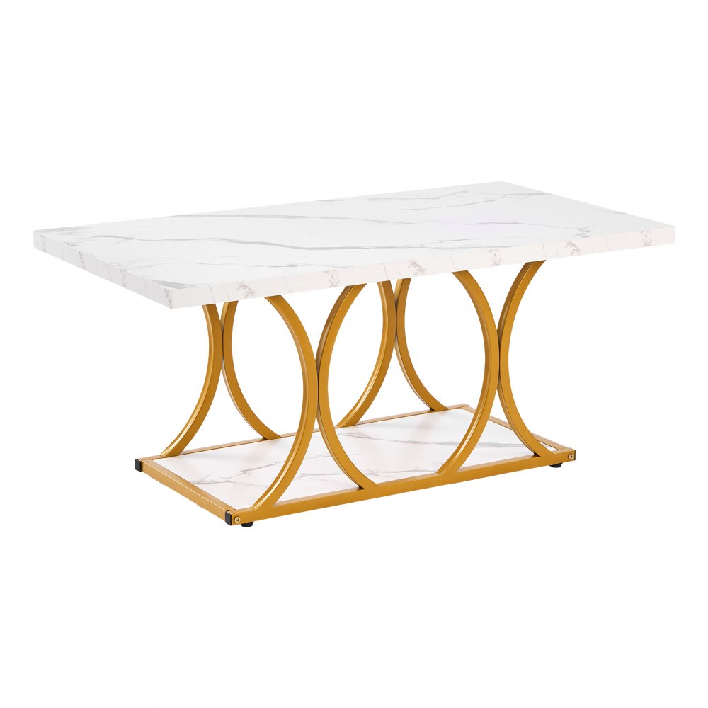 VEVOR Coffee Table, Modern Faux Marble Coffee Table, 2-Tier Rectangle Center Desk with Geometric Legs, Minimalist Sturdy Metal Frame Accent End Desk for Living Room, Office, Easy Assembly, White