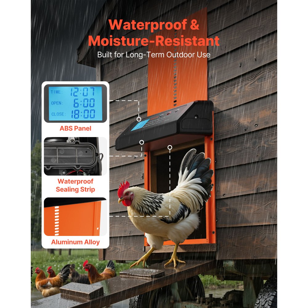 VEVOR Automatic Chicken Coop Door, Battery Powered Chicken Coop Door with Timer & Manual Setting, Anti-Pinch Security, Durable Aluminum Alloy, Chick Run Gate Opener with Waterproof Sealing, Orange