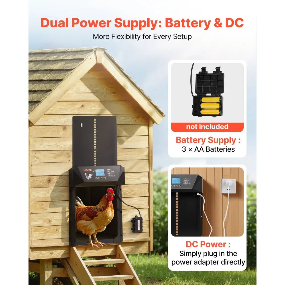 VEVOR Automatic Chicken Coop Door, DC & Battery Powered Chicken Door with LCD Display, Light Sensor, Timer & Manual Setting, Anti-Pinch Security, Durable Aluminum Alloy, Chick Run Gate Opener for Farm