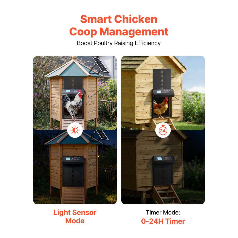 VEVOR Automatic Chicken Coop Door, Solar & Battery Powered Chicken Door with LCD Display, Remote Control, Light Sensor & Timer, Anti-Pinch Security, Aluminum Alloy Chick Run Gate Opener, Black