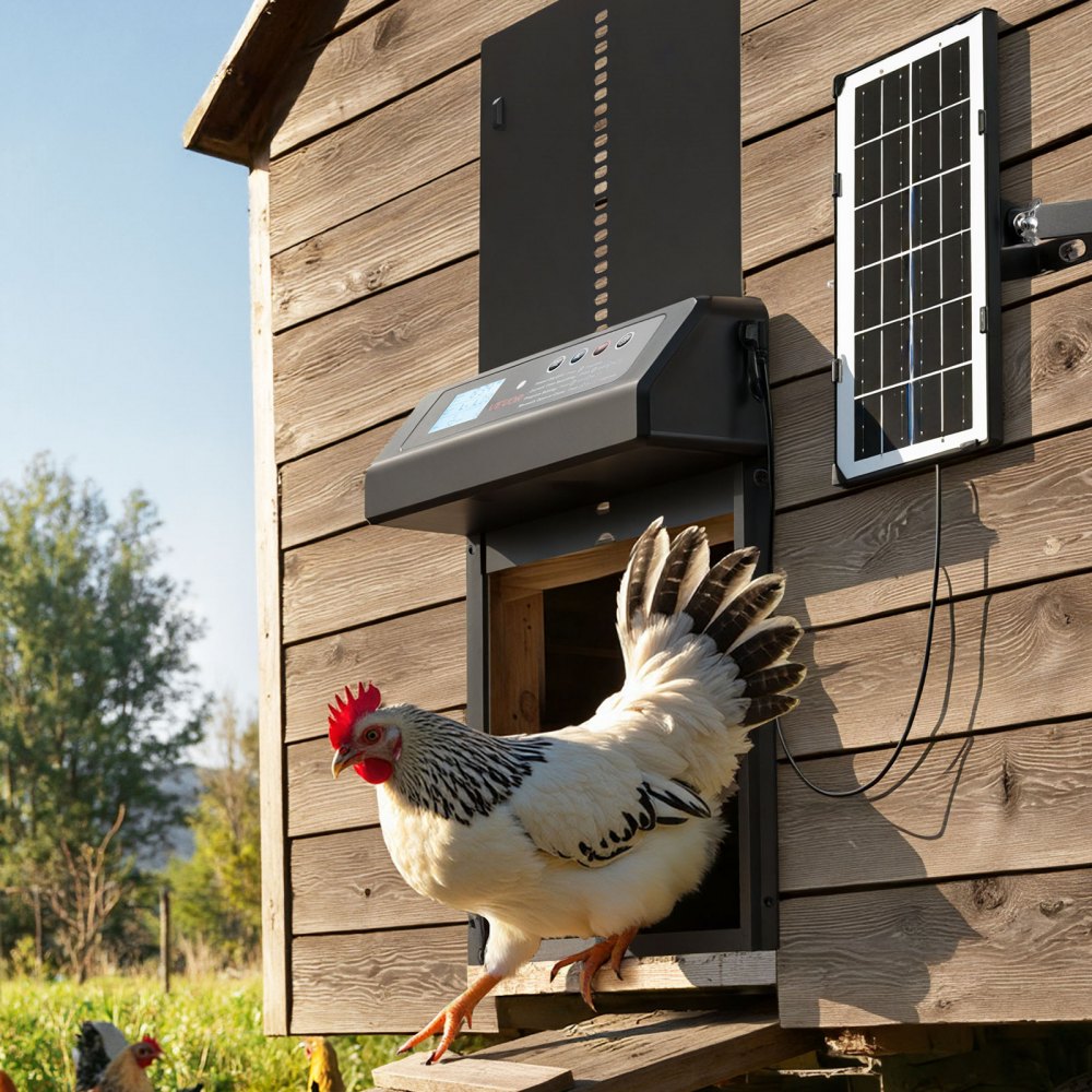 VEVOR Automatic Chicken Coop Door, Solar & Battery Powered Chicken Door with LCD Display, Remote Control, Light Sensor & Timer, Anti-Pinch Security, Aluminum Alloy Chick Run Gate Opener, Black