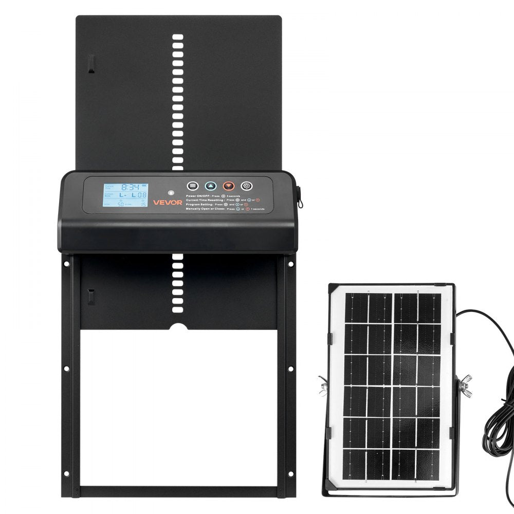 VEVOR Automatic Chicken Coop Door, Solar & Battery Powered Chicken Door with LCD Display, Remote Control, Light Sensor & Timer, Anti-Pinch Security, Aluminum Alloy Chick Run Gate Opener, Black
