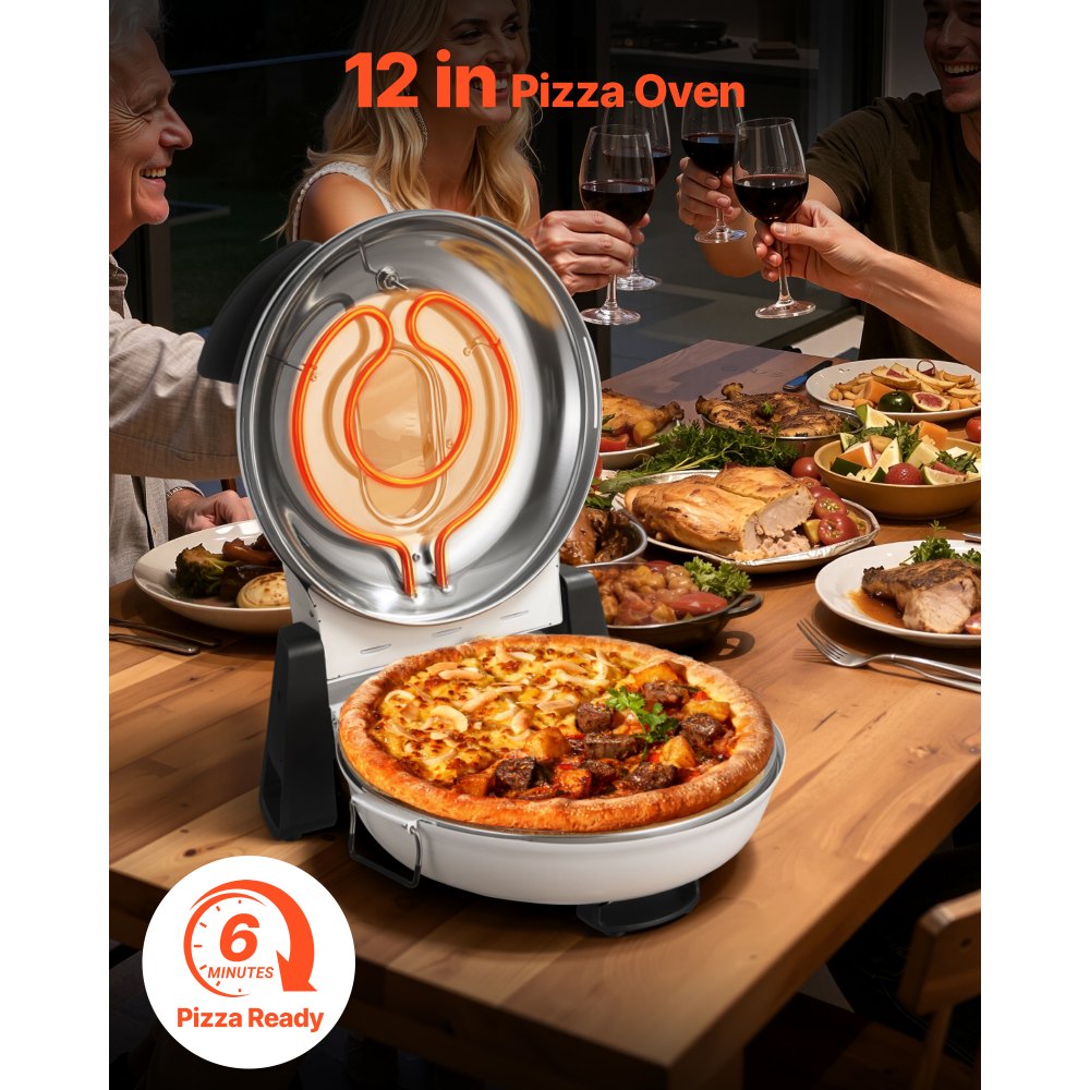 VEVOR Pizza Oven, 12 in Electric Pizza Maker, 1200W Electric Pizzas Cooker with Cordierite Stone, 5-Mode Temperature Control, Viewing Window for Precise Cooking, Heats up to 788 ˚F, for Home (White)