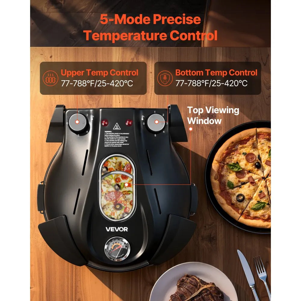 VEVOR Pizza Oven, 12 in Electric Pizza Maker, 1200W Electric Pizzas Cooker with Cordierite Stone, 5-Mode Temperature Control, Viewing Window for Precise Cooking, Heats up to 788 ˚F, for Home (Black)