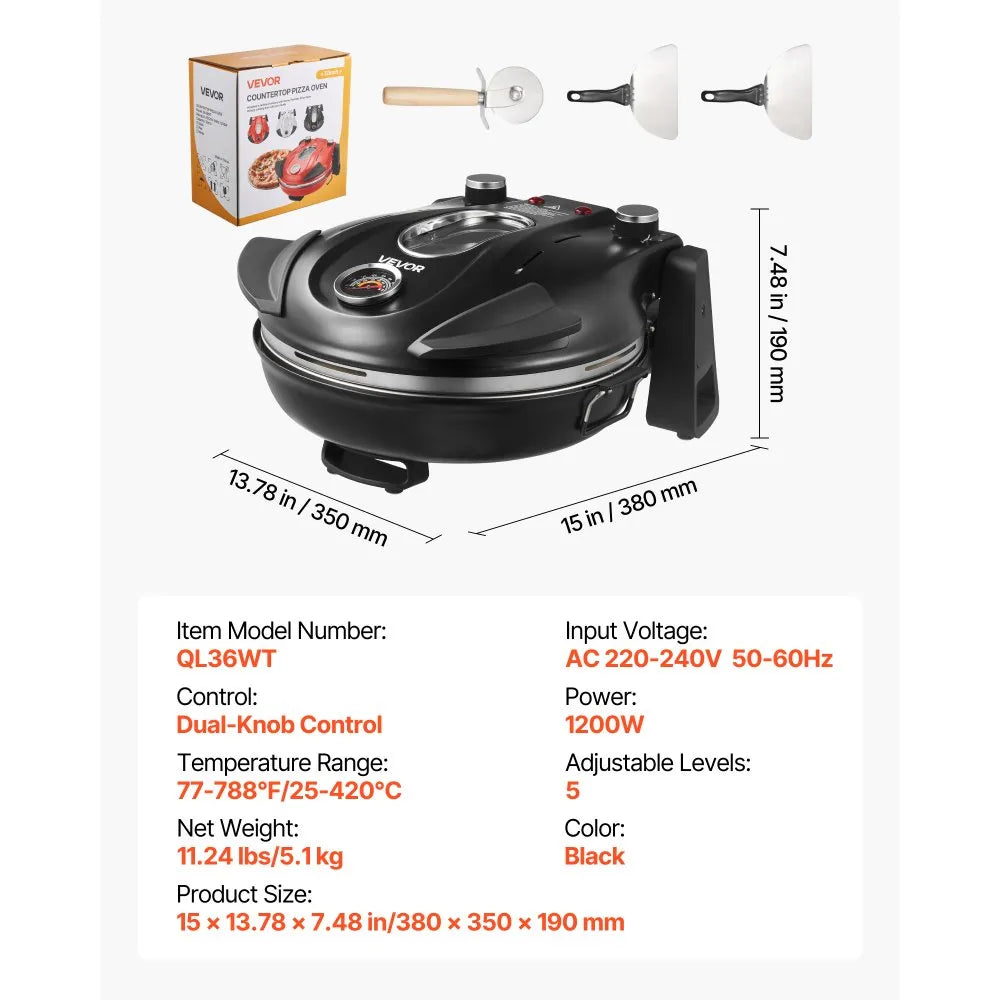 VEVOR Pizza Oven, 12 in Electric Pizza Maker, 1200W Electric Pizzas Cooker with Cordierite Stone, 5-Mode Temperature Control, Viewing Window for Precise Cooking, Heats up to 788 ˚F, for Home (Black)