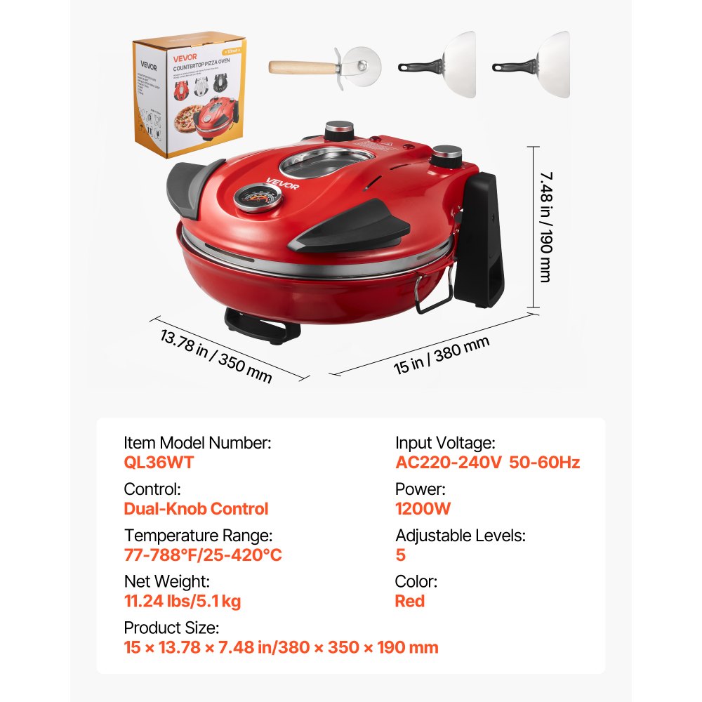 VEVOR Pizza Oven, 12 in Electric Pizza Maker, 1200W Electric Pizzas Cooker with Cordierite Stone, 5-Mode Temperature Control, Viewing Window for Precise Cooking, Heats up to 788 ˚F, for Home (Red)