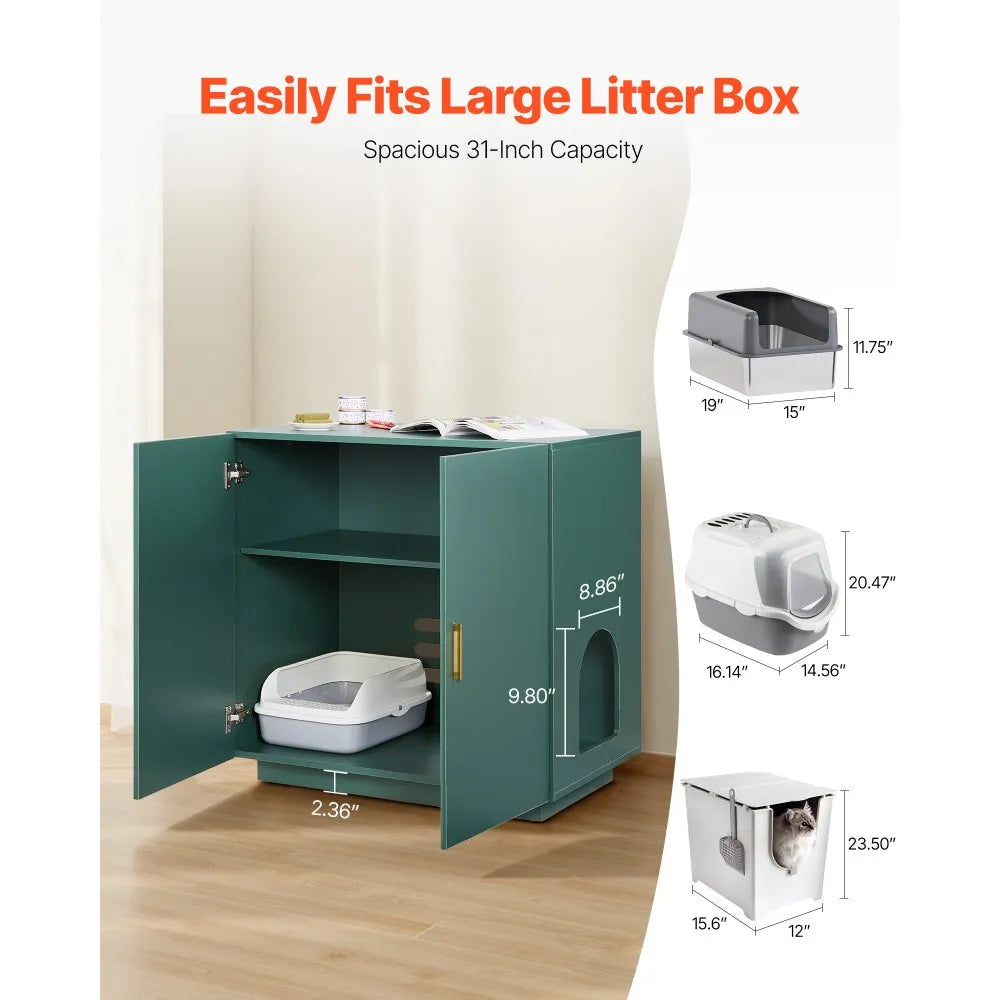VEVOR Cat Litter Box Enclosure, 31.5 in Hidden Litter Box Cabinet, Wooden Indoor Cat Washroom with Ventilated Holes, Double-Door Kitty Pet House Furniture, End Side Table Fit Most Litterboxes