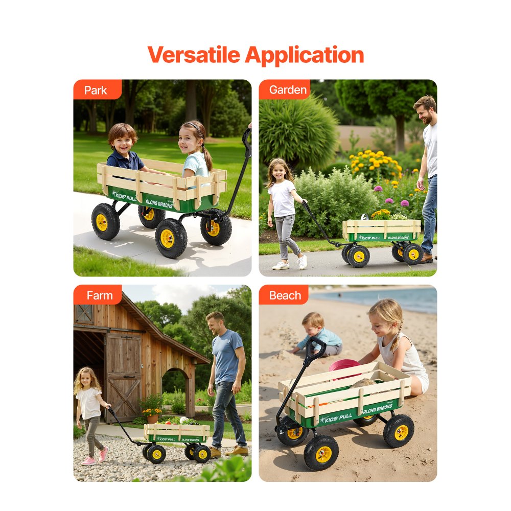 VEVOR Pull-Along Wagon for Kids, 39 inch Toddler Wagons with Wooden Panels & Handle, Supports up to 330 lbs, All-Terrain Utility Wagon Cart Birthday Present for Kids Gardening Beach, Green