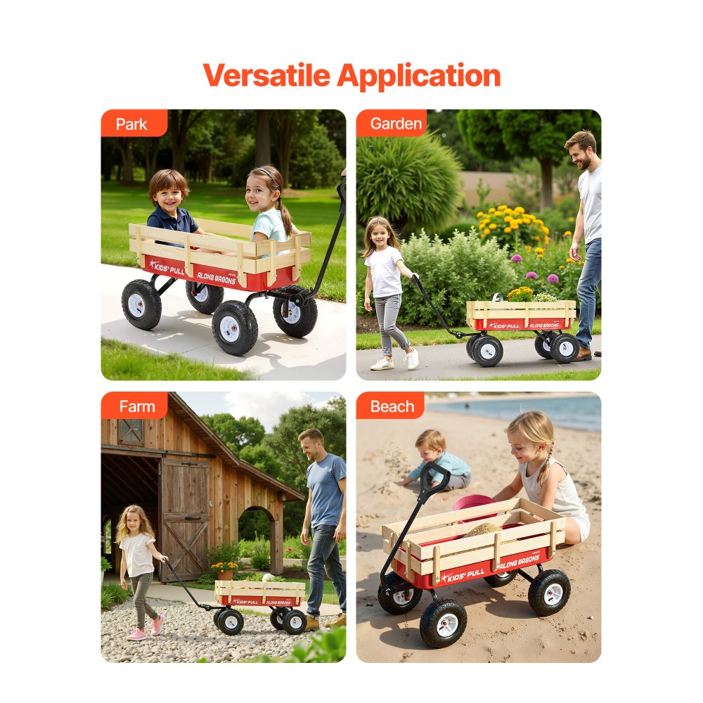 VEVOR Pull-Along Wagon for Kids, 39 inch Toddler Wagons with Wooden Panels & Handle, Supports up to 330 lbs, All-Terrain Utility Wagon Cart Birthday Present for Kids Gardening Beach, Red