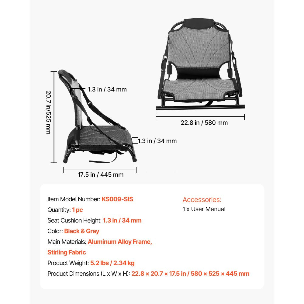 VEVOR Kayak Seat, 1 Pack 1.3" Raised Height, Universal Foldable Canoe Seat with Adjustable Back Support, Adjustable Straps, and Aluminum Alloy Frame for Sit-on-Top/Fishing/Inflatable Kayaks & Canoes