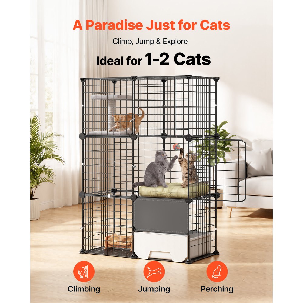 VEVOR Cat Cage 3-Tier 28"x17.91"x40.98" DIY Cat Playpen with Litter Box, Indoor Enclosure Detachable Metal Wire Kennel Crate, Large Exercise Place Ideal for 1-2 Cats, Kittens and Small Animals, Black