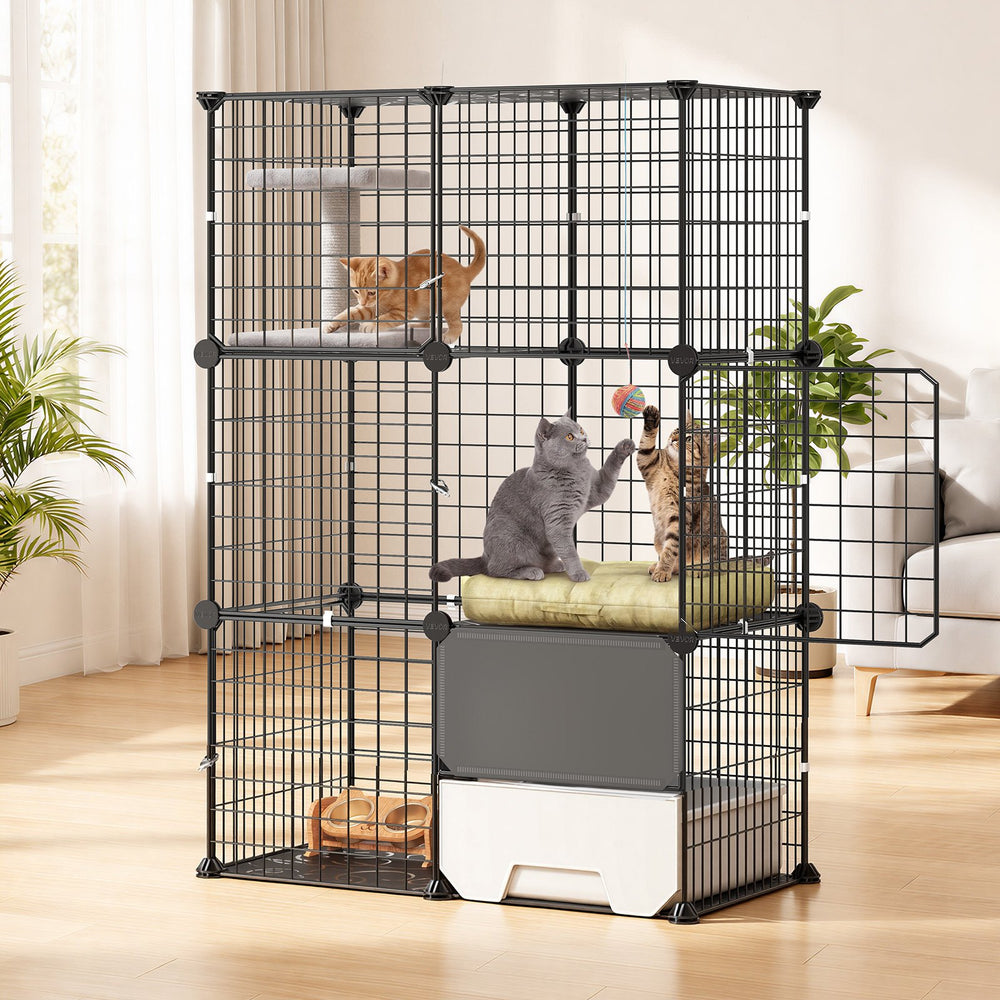 VEVOR Cat Cage 3-Tier 28"x17.91"x40.98" DIY Cat Playpen with Litter Box, Indoor Enclosure Detachable Metal Wire Kennel Crate, Large Exercise Place Ideal for 1-2 Cats, Kittens and Small Animals, Black