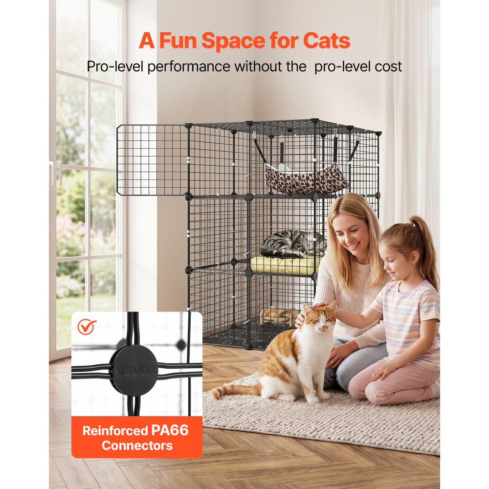 VEVOR Cat Cage 3-Tier 27.99"x27.99"x40.98" DIY Cat Playpen with Hammock, Indoor Enclosure Detachable Metal Wire Kennel Crate, Large Exercise Place Ideal for 1-2 Cats, Kittens and Small Animals, Black