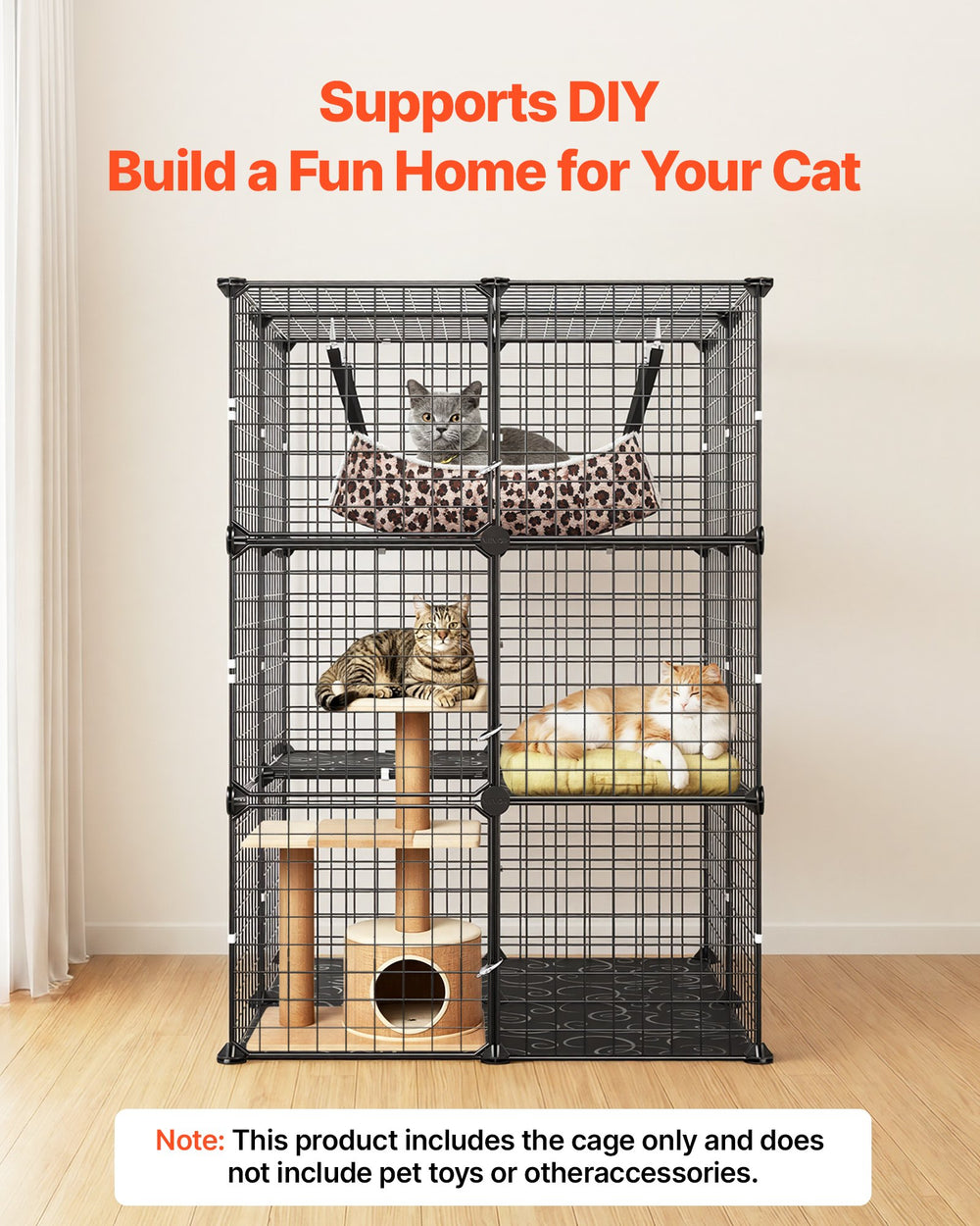 VEVOR Cat Cage 3-Tier 27.99"x27.99"x40.98" DIY Cat Playpen with Hammock, Indoor Enclosure Detachable Metal Wire Kennel Crate, Large Exercise Place Ideal for 1-2 Cats, Kittens and Small Animals, Black