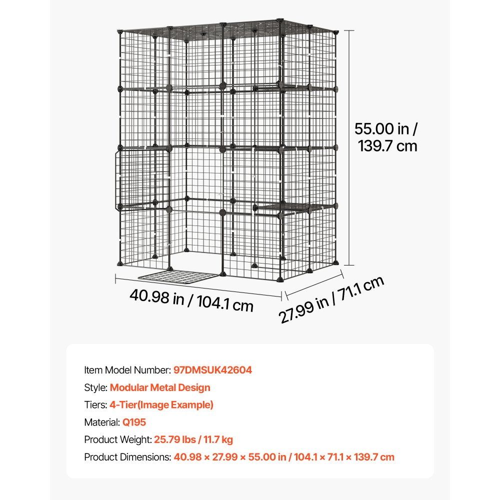 VEVOR Cat Cage 4-Tier 40.98"x27.99"x55" DIY Cat Playpen Indoor Enclosure, Detachable Metal Wire Kennel Crate with 4 Doors, Large Exercise Place Ideal for 1-2 Cats, Kittens and Small Animals, Black