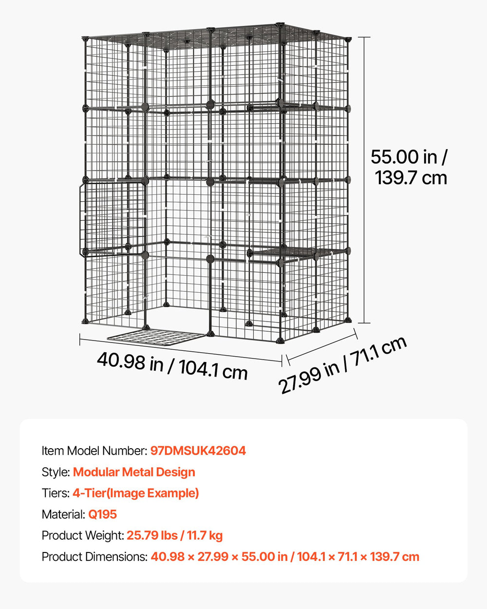 VEVOR Cat Cage 4-Tier 40.98"x27.99"x55" DIY Cat Playpen Indoor Enclosure, Detachable Metal Wire Kennel Crate with 4 Doors, Large Exercise Place Ideal for 1-2 Cats, Kittens and Small Animals, Black