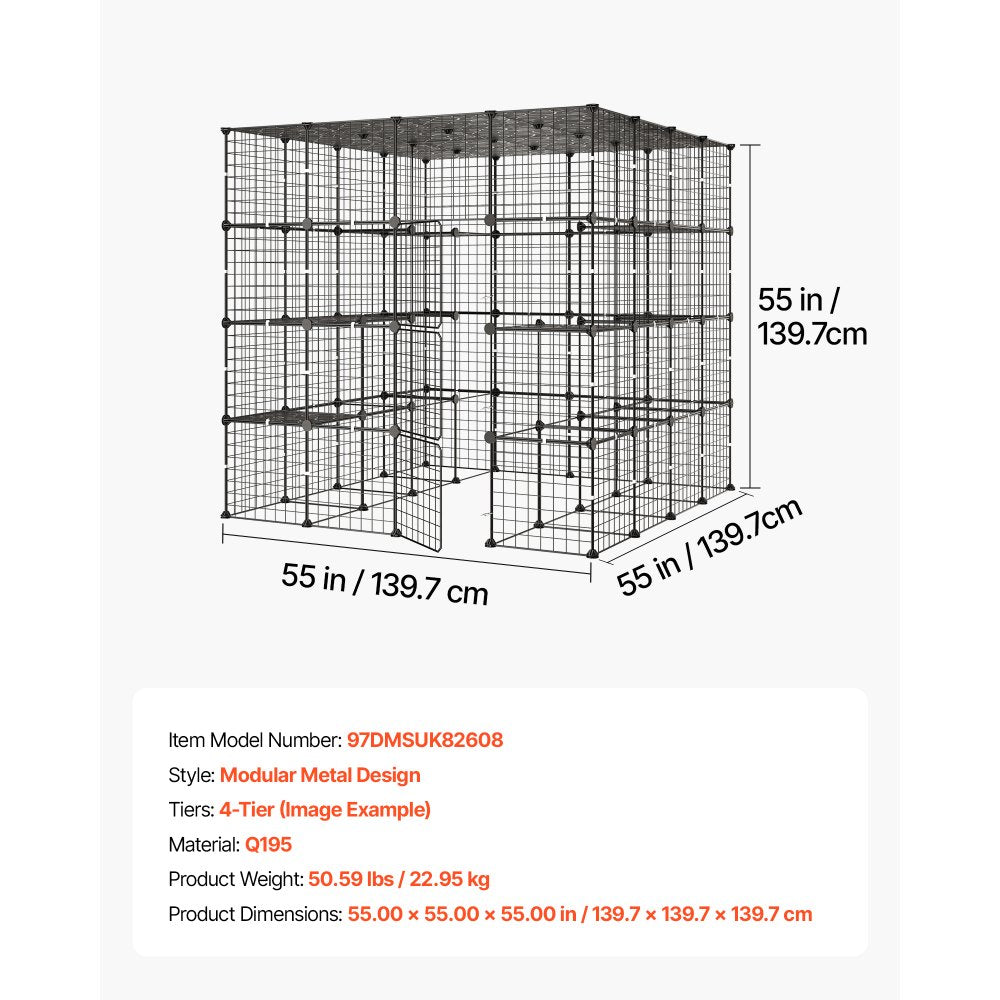 VEVOR Cat Cage 4-Tier 55"x55"x55" Large DIY Cat Playpen Indoor Enclosure, Detachable Metal Wire Kennel Crate with 3 Doors & Locks, Exercise Place Ideal for 2-3 Cats, Kittens and Small Animals, Black