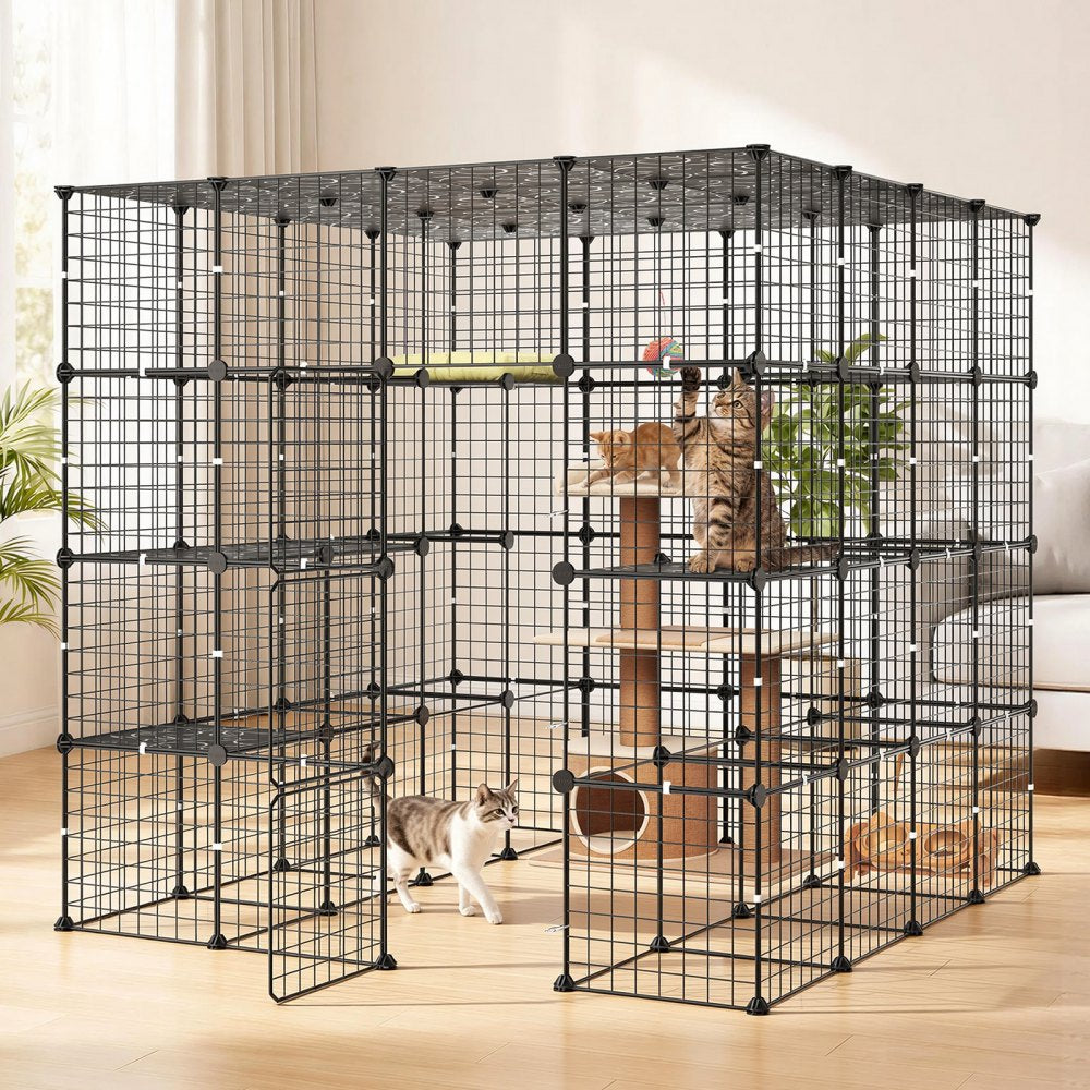 VEVOR Cat Cage 4-Tier 55"x55"x55" Large DIY Cat Playpen Indoor Enclosure, Detachable Metal Wire Kennel Crate with 3 Doors & Locks, Exercise Place Ideal for 2-3 Cats, Kittens and Small Animals, Black