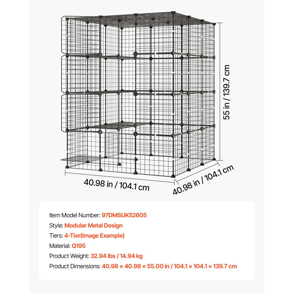 VEVOR Cat Cage 4-Tier 40.98"x40.98"x55" DIY Cat Playpen Indoor Enclosure, Detachable Metal Wire Kennel Crate with 4 Doors, Large Exercise Place Ideal for 2-3 Cats, Kittens and Small Animals, Black