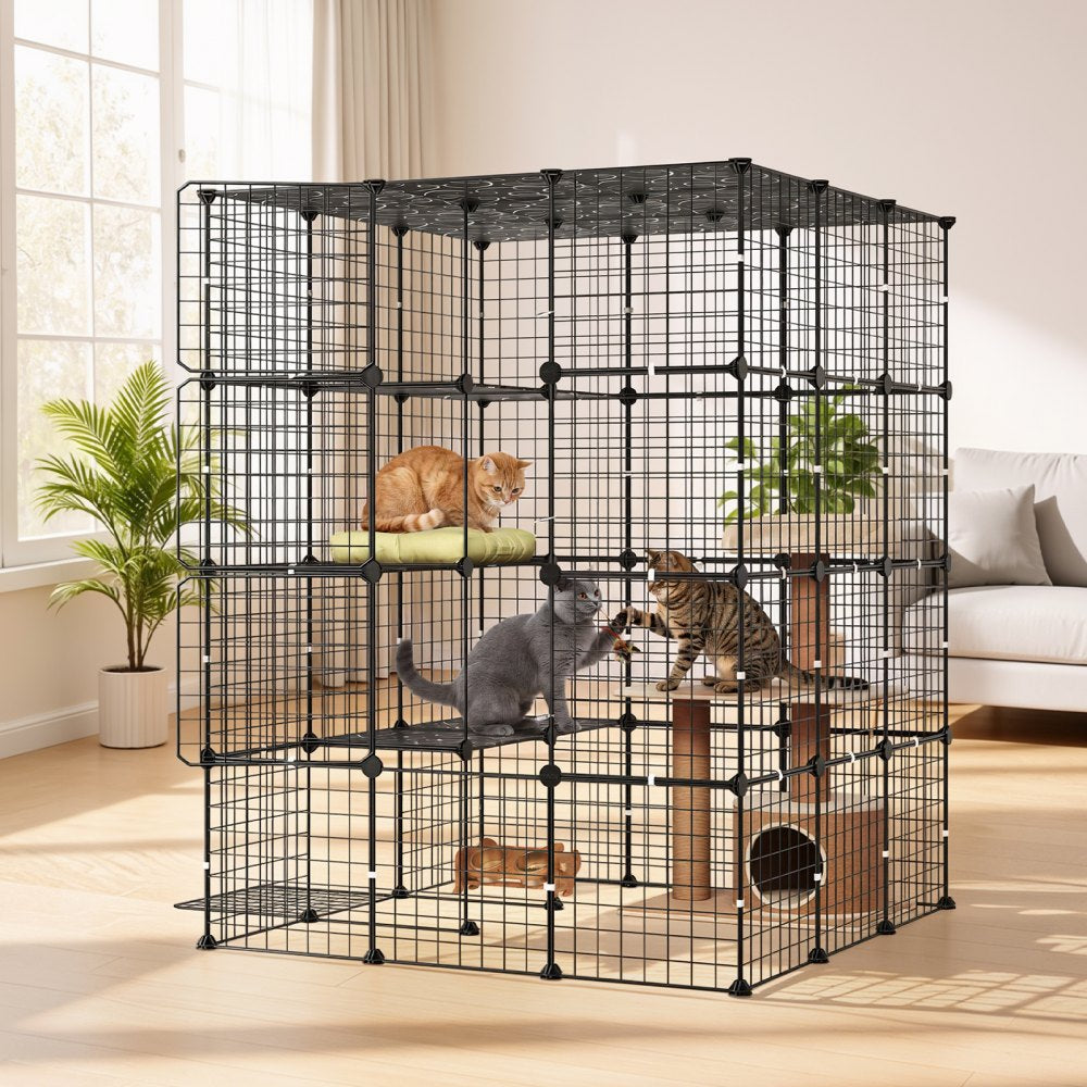 VEVOR Cat Cage 4-Tier 40.98"x40.98"x55" DIY Cat Playpen Indoor Enclosure, Detachable Metal Wire Kennel Crate with 4 Doors, Large Exercise Place Ideal for 2-3 Cats, Kittens and Small Animals, Black