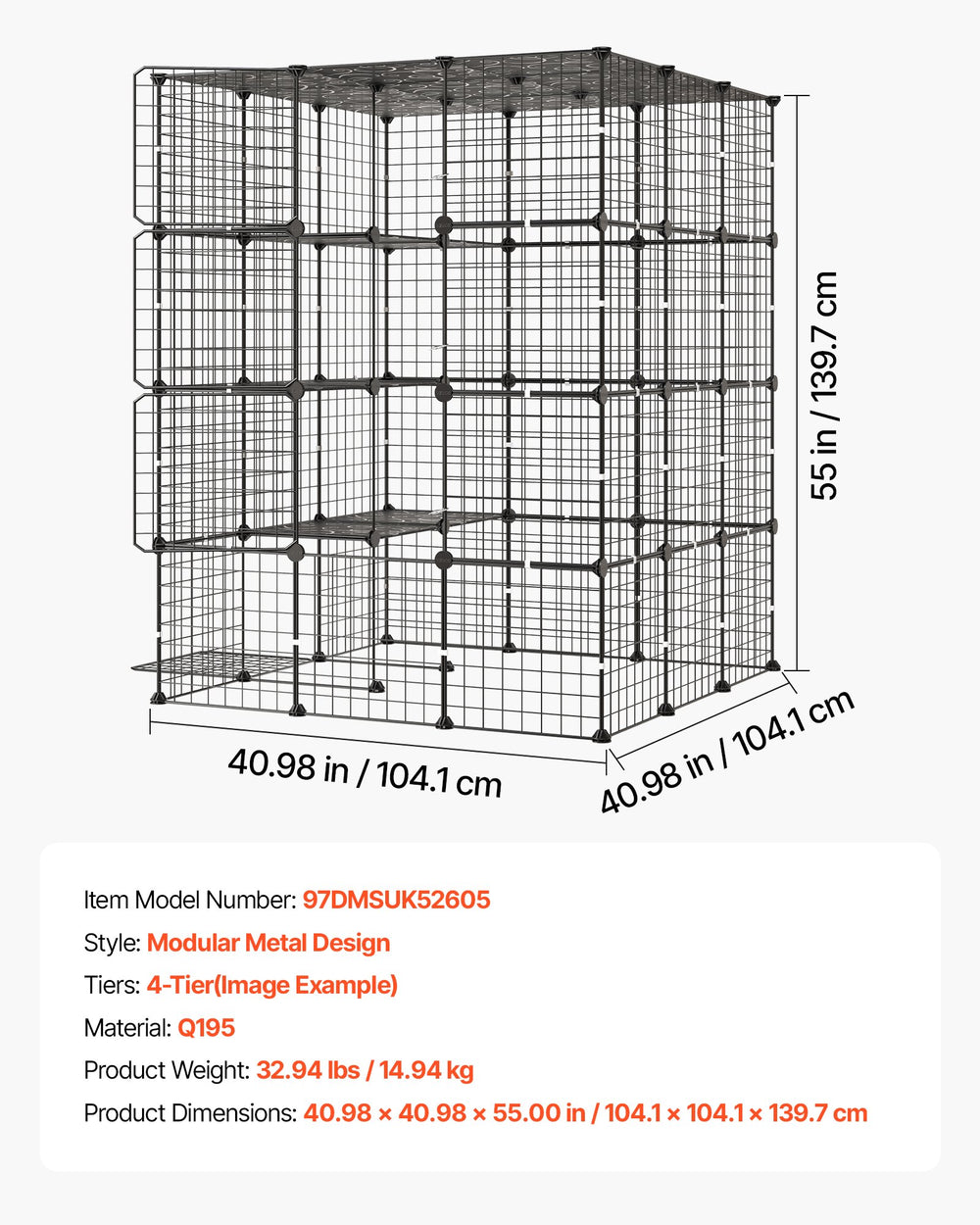 VEVOR Cat Cage 4-Tier 40.98"x40.98"x55" DIY Cat Playpen Indoor Enclosure, Detachable Metal Wire Kennel Crate with 4 Doors, Large Exercise Place Ideal for 2-3 Cats, Kittens and Small Animals, Black