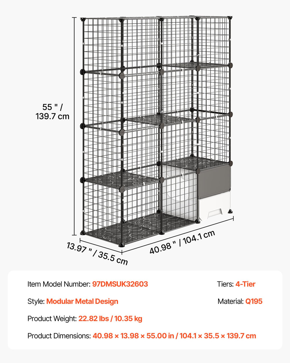 VEVOR Cat Cage 4-Tier 40.98"x13.98"x55" DIY Cat Playpen with Litter Box, Indoor Enclosure Detachable Metal Wire Kennel Crate, Large Exercise Place for 1-2 Cats, Kittens, Ferrets & Small Animals, Black