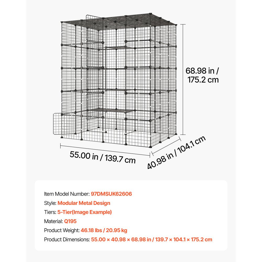 VEVOR Cat Cage 5-Tier 55"x40.98"x68.98" DIY Cat Playpen Indoor Enclosure, Detachable Metal Wire Kennel Crate with 5 Doors, Large Exercise Place Ideal for 2-3 Cats, Kittens and Small Animals, Black