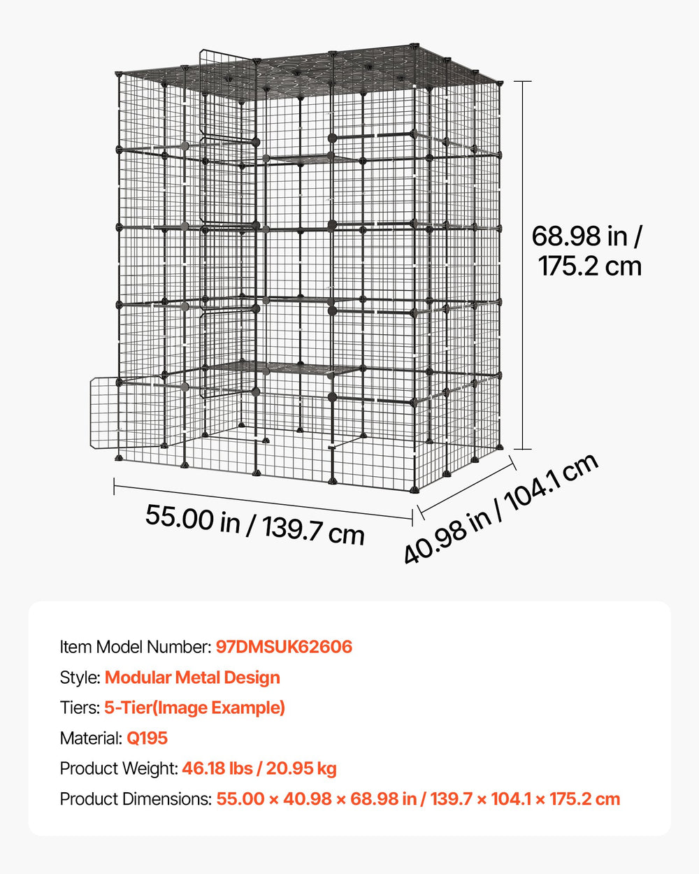 VEVOR Cat Cage 5-Tier 55"x40.98"x68.98" DIY Cat Playpen Indoor Enclosure, Detachable Metal Wire Kennel Crate with 5 Doors, Large Exercise Place Ideal for 2-3 Cats, Kittens and Small Animals, Black