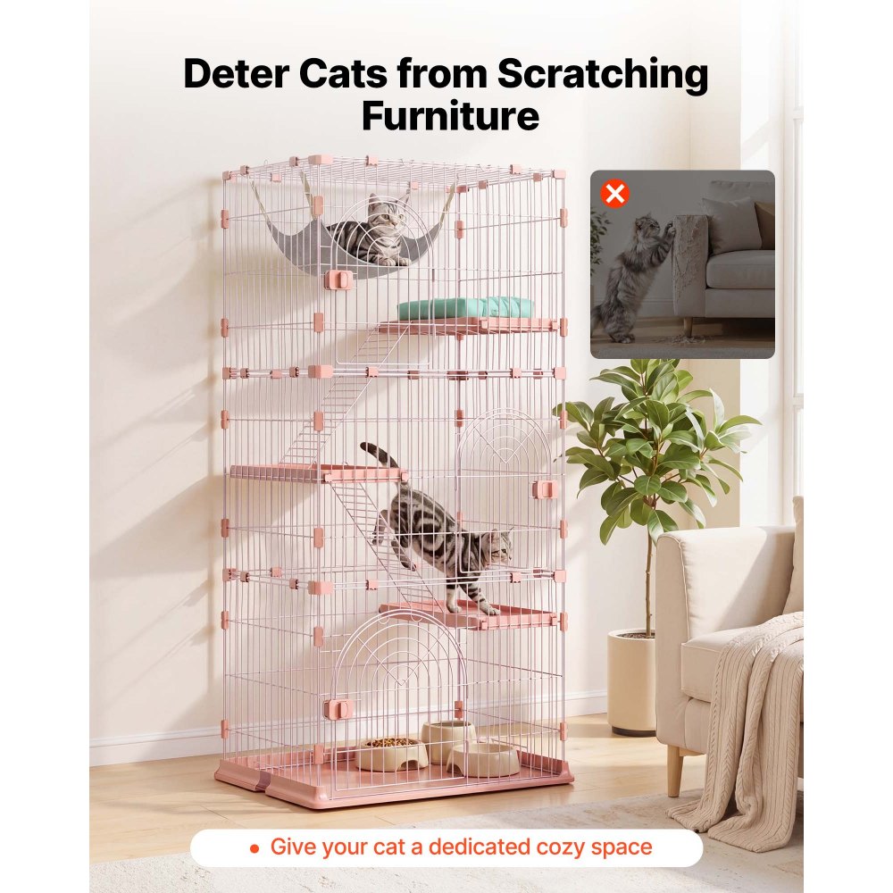 VEVOR Cat Cage 4-Tier 33.07"x23.82"x64.37" DIY Cat Playpen with Ladders, Indoor Enclosure Detachable Metal Wire Kennel Crate, Large Exercise Place for 1-2 Cats, Kittens, Ferrets & Small Animals, Pink