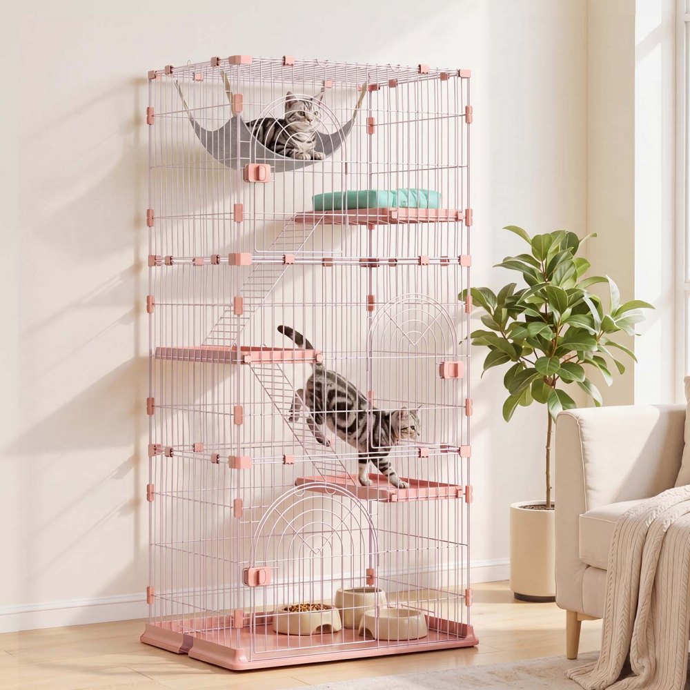 VEVOR Cat Cage 4-Tier 33.07"x23.82"x64.37" DIY Cat Playpen with Ladders, Indoor Enclosure Detachable Metal Wire Kennel Crate, Large Exercise Place for 1-2 Cats, Kittens, Ferrets & Small Animals, Pink