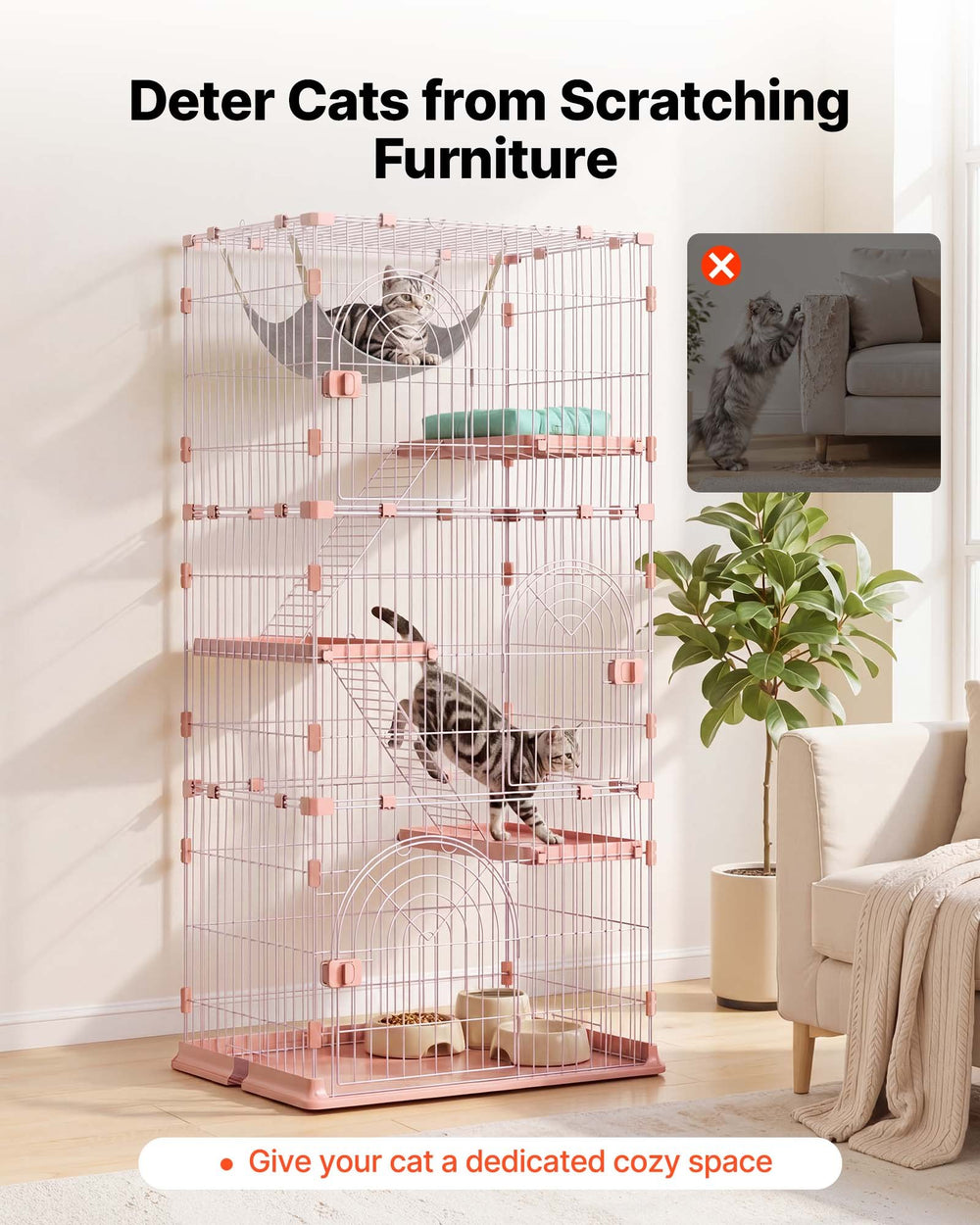 VEVOR Cat Cage 4-Tier 33.07"x23.82"x64.37" DIY Cat Playpen with Ladders, Indoor Enclosure Detachable Metal Wire Kennel Crate, Large Exercise Place for 1-2 Cats, Kittens, Ferrets & Small Animals, Pink