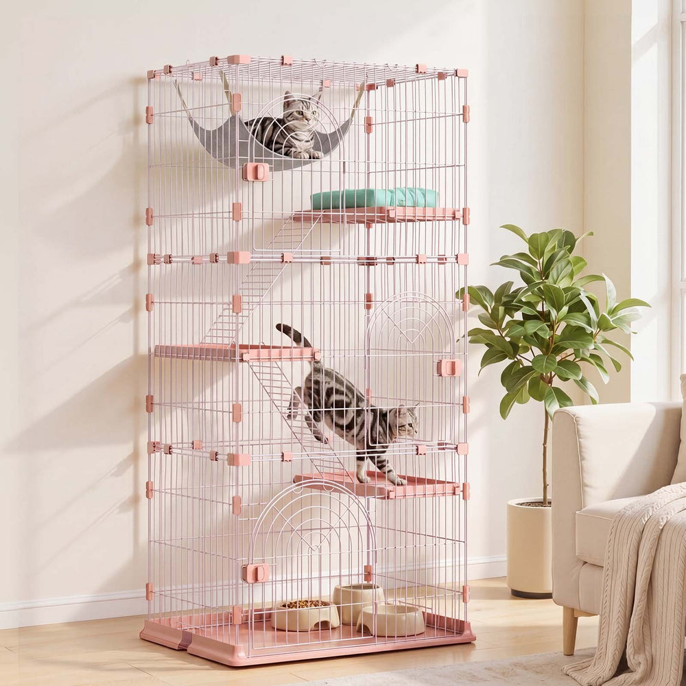 VEVOR Cat Cage 4-Tier 33.07"x23.82"x64.37" DIY Cat Playpen with Ladders, Indoor Enclosure Detachable Metal Wire Kennel Crate, Large Exercise Place for 1-2 Cats, Kittens, Ferrets & Small Animals, Pink