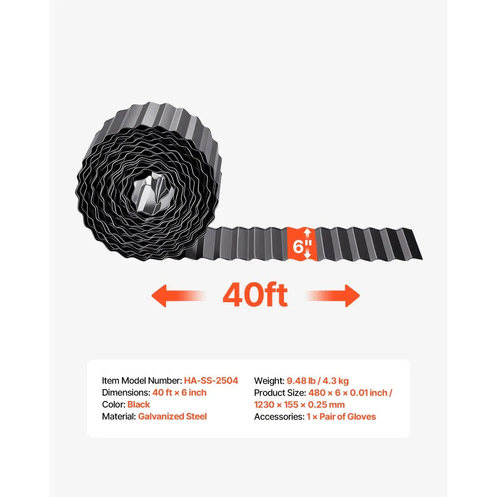 VEVOR Galvanized Steel Landscape Edging, 40 ft x 6 in Metal Edging for Landscaping with Gloves, Easy-to-Install Bendable Metal Strips, Heavy Duty Metal Garden Edge Border for Flower Bed, Yard Pathway