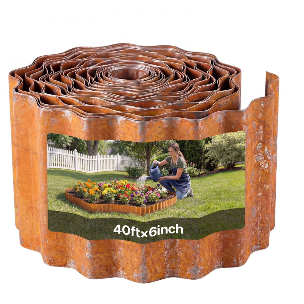 VEVOR Carbon Steel Landscape Edging, 40 ft x 6 in Steel Edging for Landscaping with Gloves, Easy-to-Install Bendable Metal Strips, Metal Garden Edge Border for Flower Bed, Yard Pathway, Rust