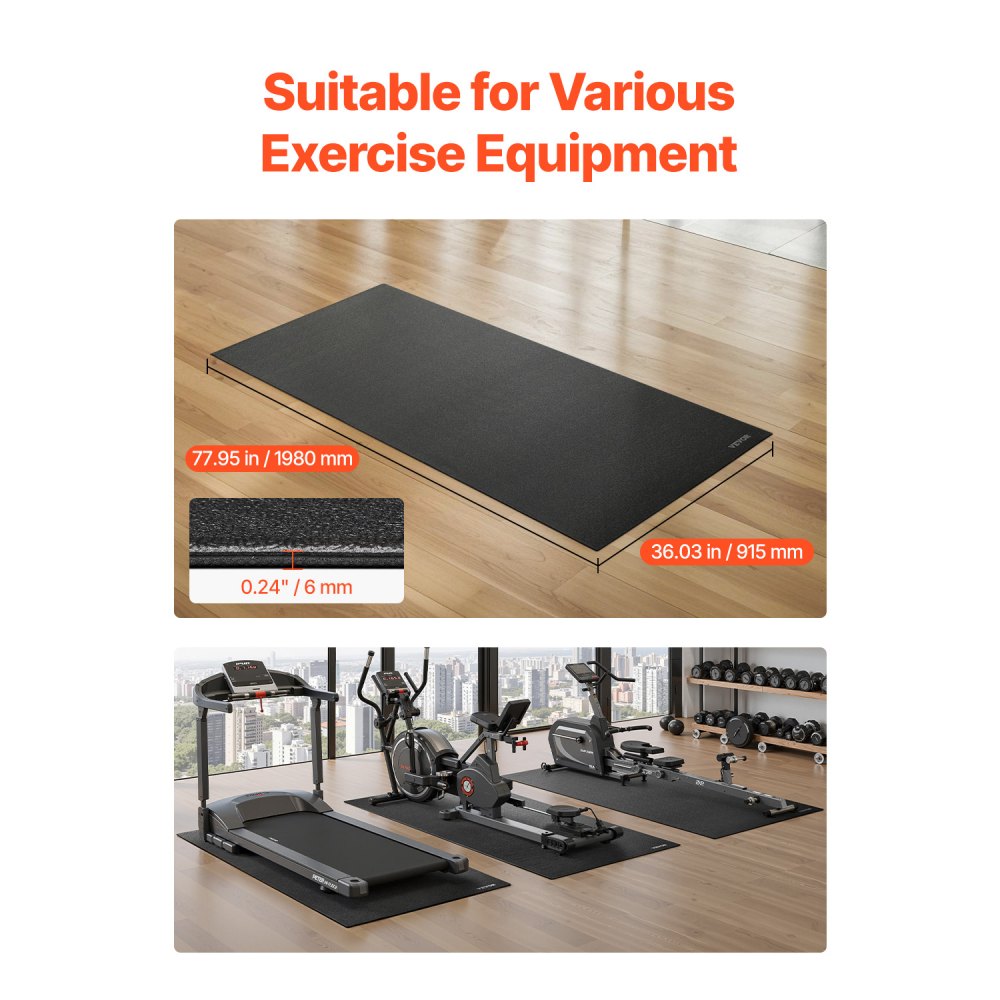 VEVOR Treadmill Mat for Carpet Floor, 1/4" Thick, 36" x 78" Exercise Equipment Mat for Treadmills, Elliptical, Rowing Machine, High Density PVC Floor Protector, Waterproof and Non-slip for Home Gym