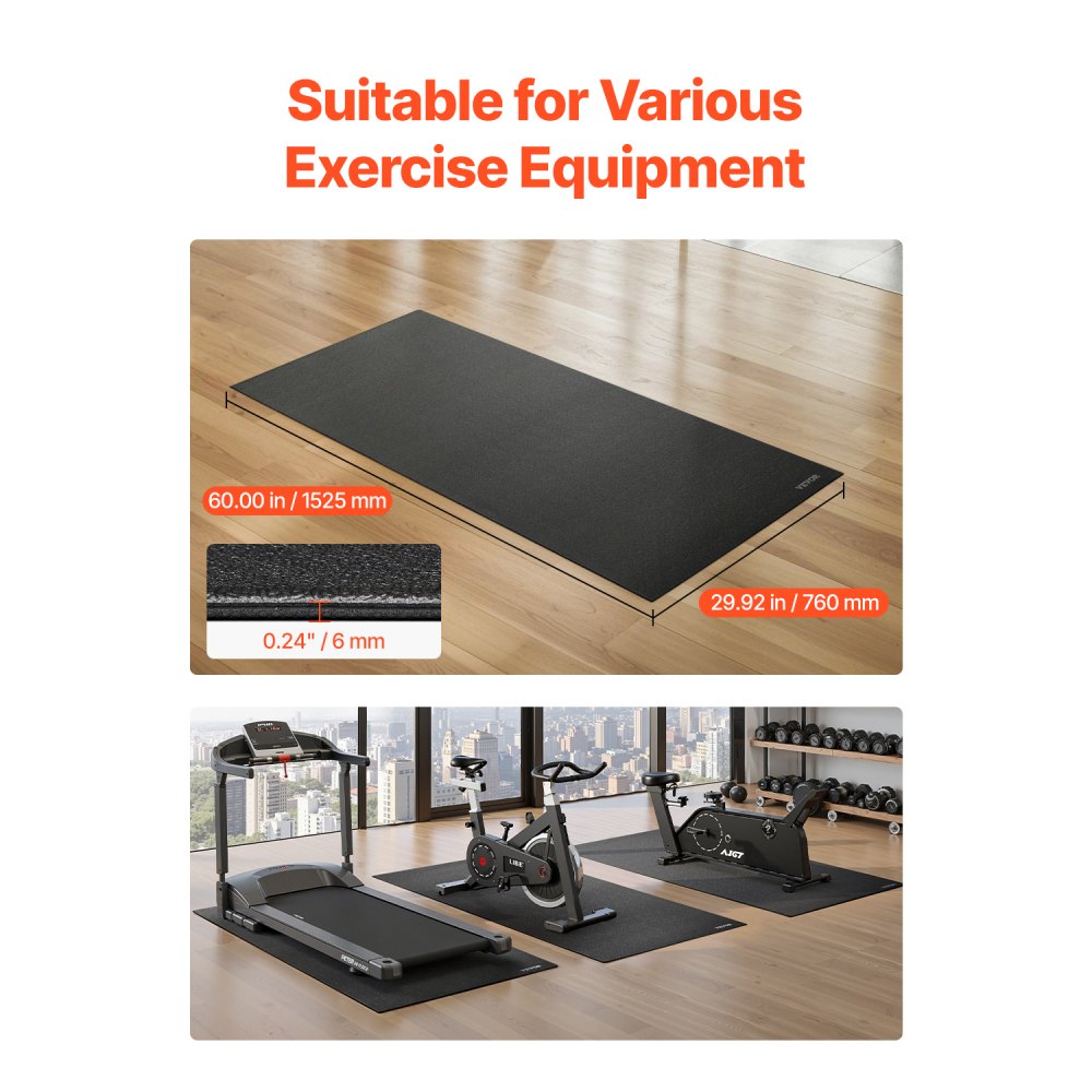 VEVOR Treadmill Mat for Carpet Floor, 1/4" Thick, 30" x 60" Exercise Equipment Mat for Treadmills, Stationary & Recumbent Bikes, High Density PVC Floor Protector, Waterproof and Non-slip for Home Gym