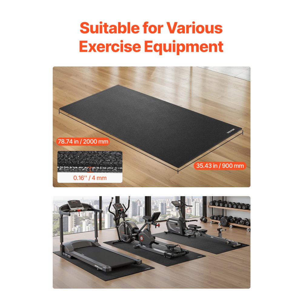 VEVOR Treadmill Mat for Carpet Floor, 35.5" x 78.7" x 0.16" Exercise Equipment Mat for Treadmills, Elliptical, Rowing Machine, High Density PVC Floor Protector, Waterproof and Non-slip for Home Gym