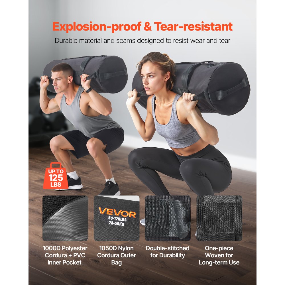 VEVOR Workout Sandbag, Heavy Duty Workout Power Bags with Handles, 50-125 lbs Adjustable Slam Bag for Fitness Strength Weight Training Cross-Training, Home Gym Exercise, Black (Unfilled)
