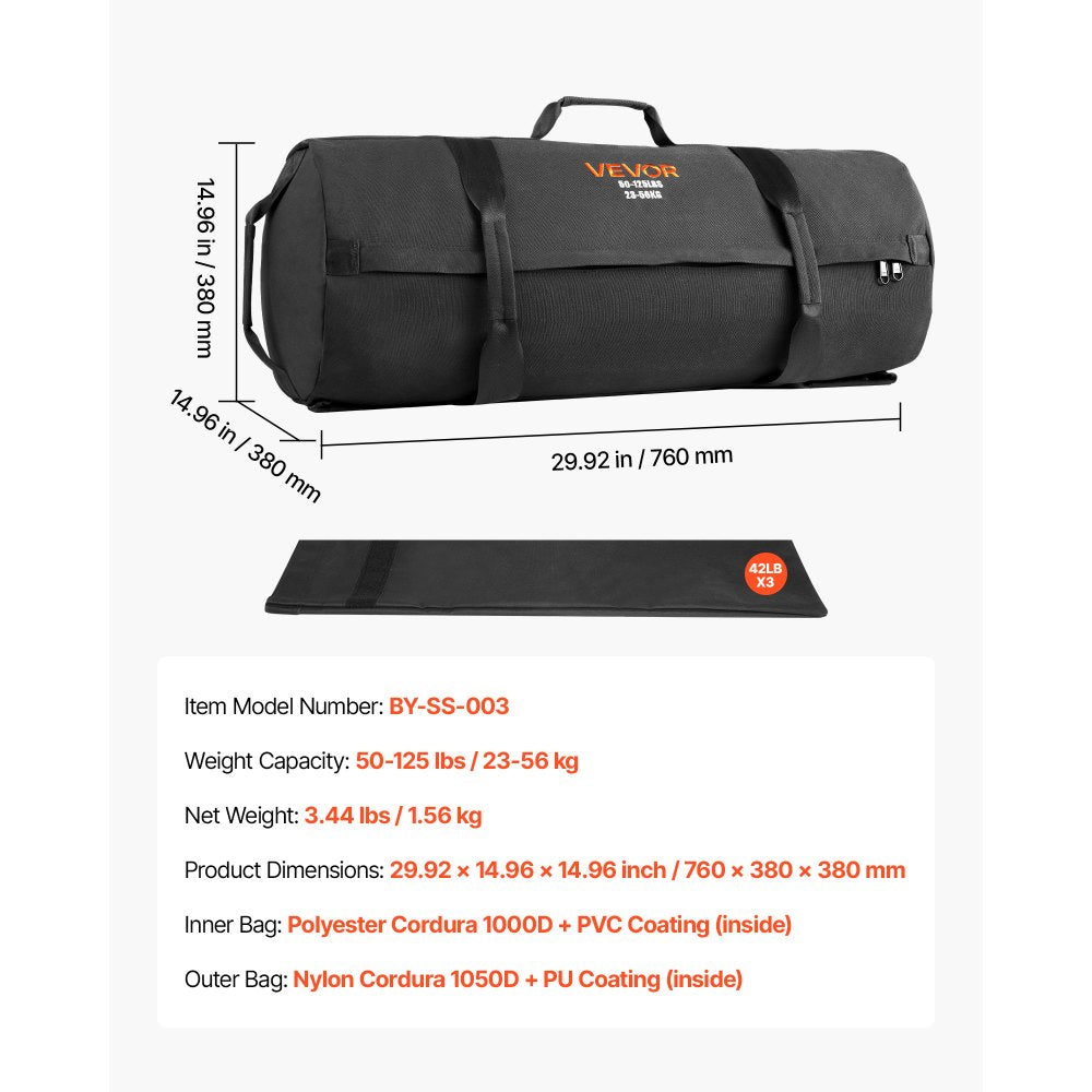 VEVOR Workout Sandbag, Heavy Duty Workout Power Bags with Handles, 50-125 lbs Adjustable Slam Bag for Fitness Strength Weight Training Cross-Training, Home Gym Exercise, Black (Unfilled)