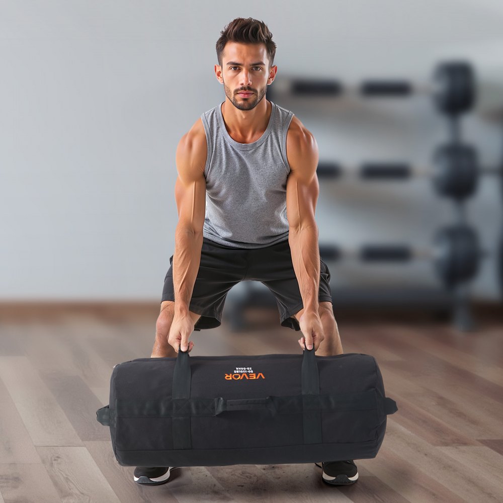 VEVOR Workout Sandbag, Heavy Duty Workout Power Bags with Handles, 50-125 lbs Adjustable Slam Bag for Fitness Strength Weight Training Cross-Training, Home Gym Exercise, Black (Unfilled)