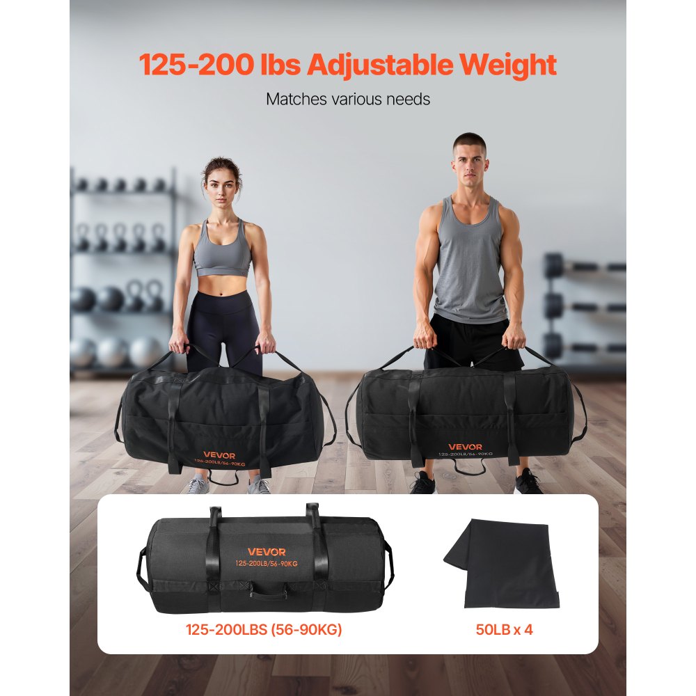 VEVOR Workout Sandbag, Heavy Duty Workout Power Bags with Handles, 125-200 lbs Adjustable Slam Bag for Fitness Strength Weight Training Cross-Training, Home Gym Exercise, Black (Unfilled)