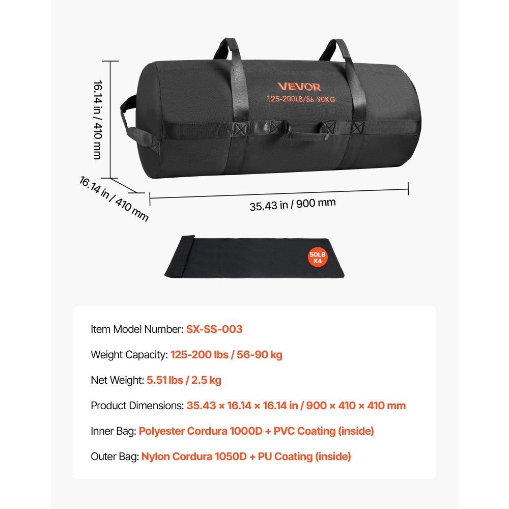 VEVOR Workout Sandbag, Heavy Duty Workout Power Bags with Handles, 125-200 lbs Adjustable Slam Bag for Fitness Strength Weight Training Cross-Training, Home Gym Exercise, Black (Unfilled)
