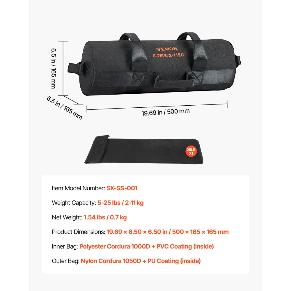 VEVOR Workout Sandbag, Heavy Duty Workout Power Bags with Handles, 5-25 lbs Adjustable Slam Bag for Fitness Strength Weight Training Cross-Training, Home Gym Exercise, Black (Unfilled)