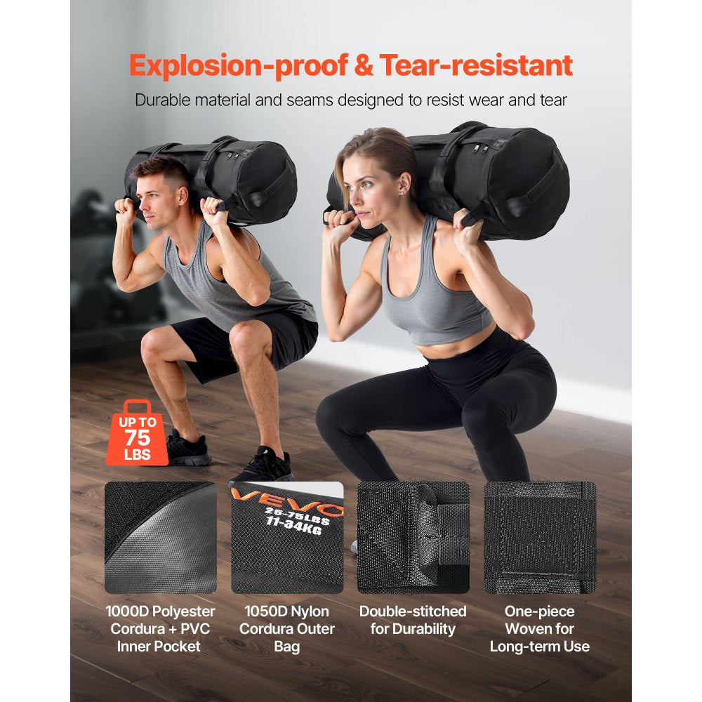 VEVOR Workout Sandbag, Heavy Duty Workout Power Bags with Handles, 25-75 lbs Adjustable Slam Bag for Fitness Strength Weight Training Cross-Training, Home Gym Exercise, Black (Unfilled)