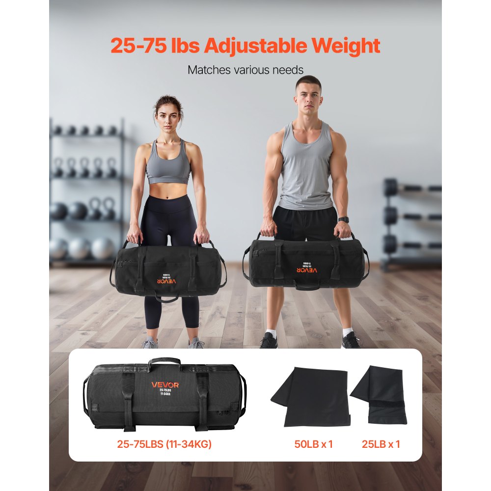 VEVOR Workout Sandbag, Heavy Duty Workout Power Bags with Handles, 25-75 lbs Adjustable Slam Bag for Fitness Strength Weight Training Cross-Training, Home Gym Exercise, Black (Unfilled)