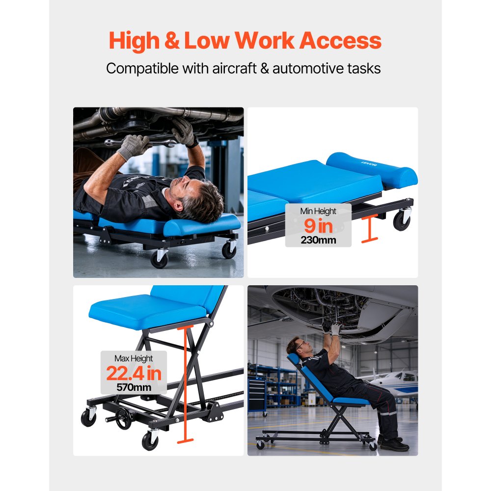 VEVOR 48 in Height Adjustable Mechanic Creeper, 570 lbs Under Car Rolling Garage Creeper Seat with Adjustable Backrest & Headrest, Padded Shop Chair for Auto & Aircraft Repair